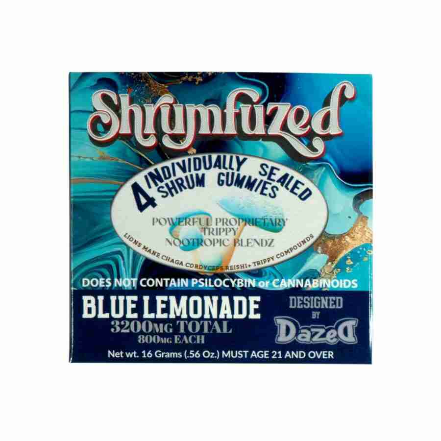 A box of shrumfuzed nootropic trippy psychedelic mushroom gummies piece blue lemonade