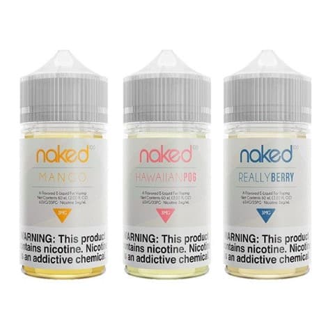 Variety of naked 100 e-liquid flavors.