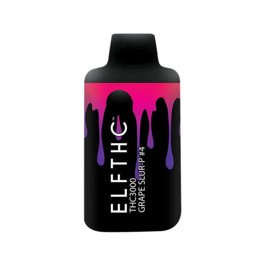 A bottle of elf thc limited edition disposables g dripping liquid on a white background