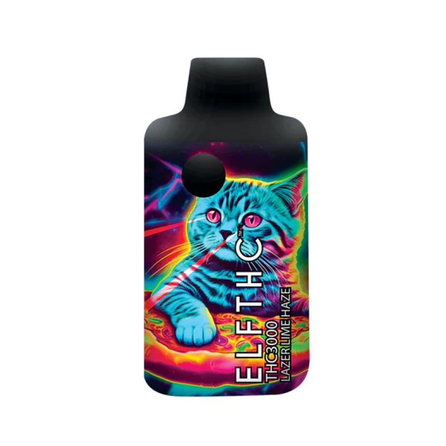 A bottle of the elf thc limited edition disposables g with an image of a cat on it