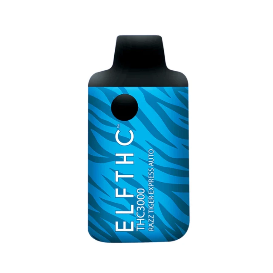 A blue bottle with the word elf thc limited edition disposables g on it
