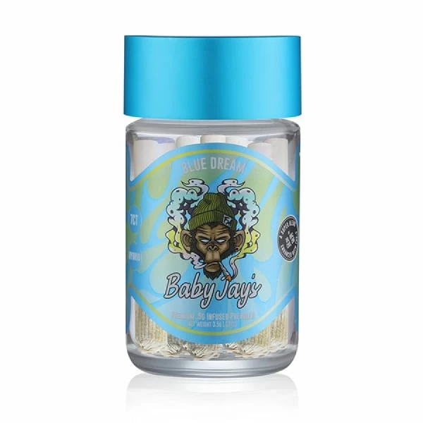 A bottle of Flying Monkey Delta Knockout Blend Baby Jay’s Pre rolls (pcs) with a blue lid