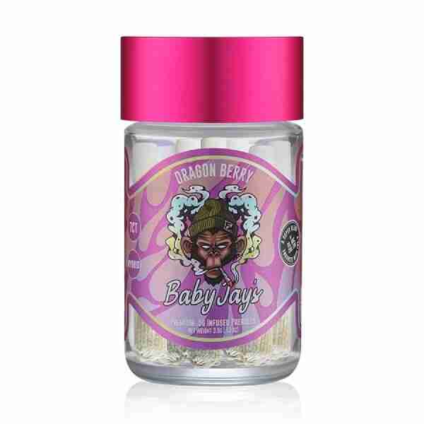 A bottle of Flying Monkey Delta Knockout Blend Baby Jay’s Pre rolls (pcs) with a pink lid