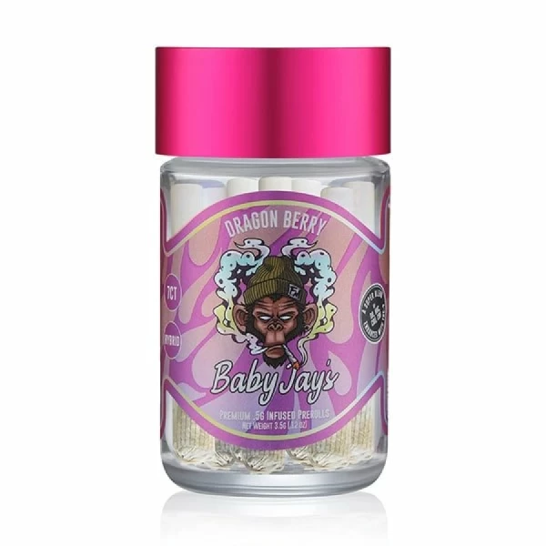 A bottle of Flying Monkey Delta Knockout Blend Baby Jay’s Pre rolls (pcs) with a pink lid