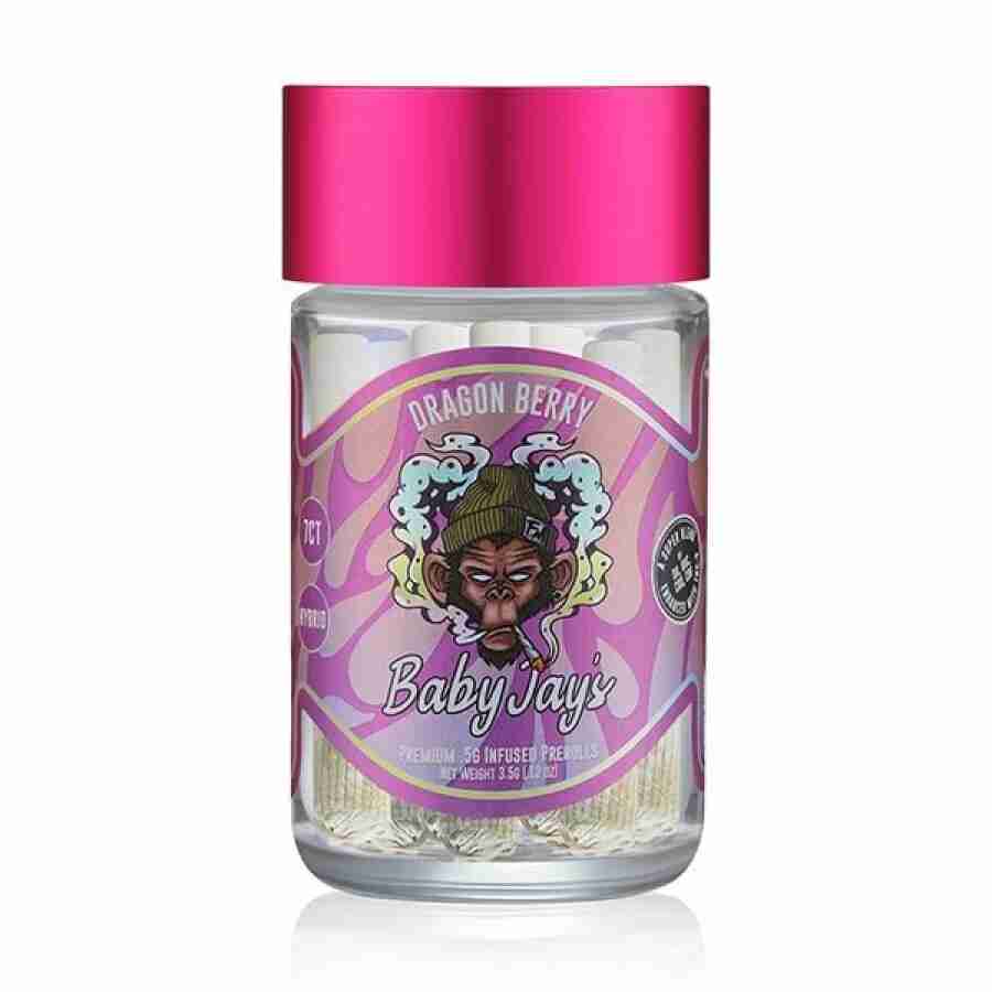 A bottle of flying monkey delta knockout blend baby jay’s pre rolls (pcs) with a pink lid