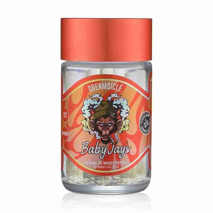 A jar of flying monkey delta knockout blend baby jay’s pre rolls (pcs) with a woman's face on it