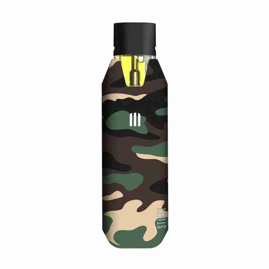 An official biiig stiiizy vape pen & battery (advanced) camouflage water bottle with a yellow straw
