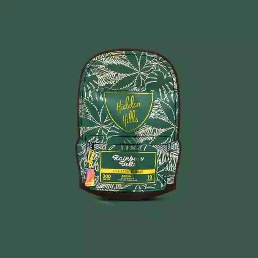 A green hidden hills club edible belts 3000mg 10pcs backpack, perfect for storing vape pens and vapes.
