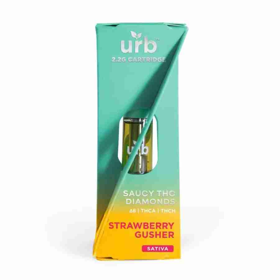 A box of urb's saucy thca diamonds cartridges g strawberry gusher