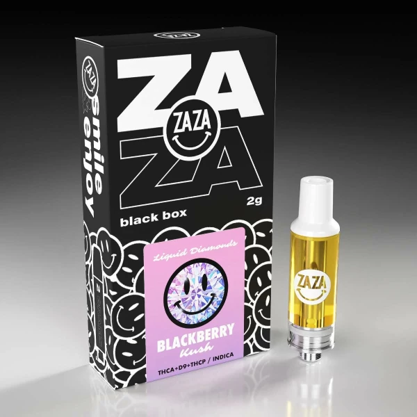 A bottle of Zaza Black Box Liquid Diamonds Cartridges g next to a box
