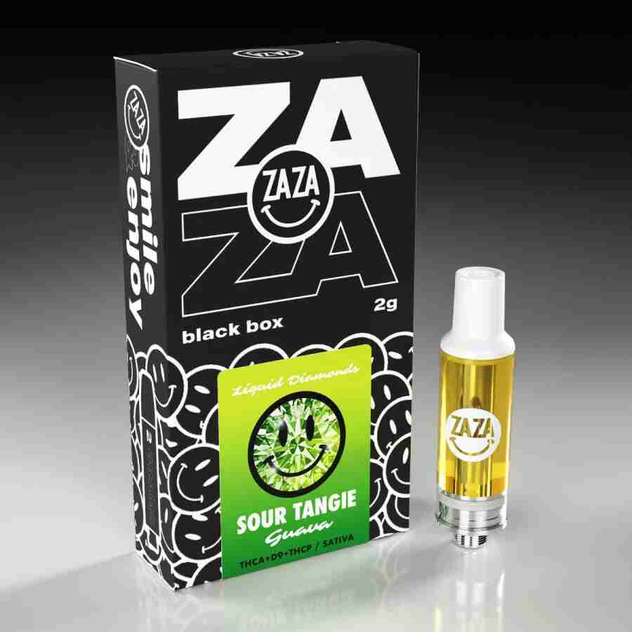 A bottle of zaza black box liquid diamonds cartridges g next to a box of e liquid