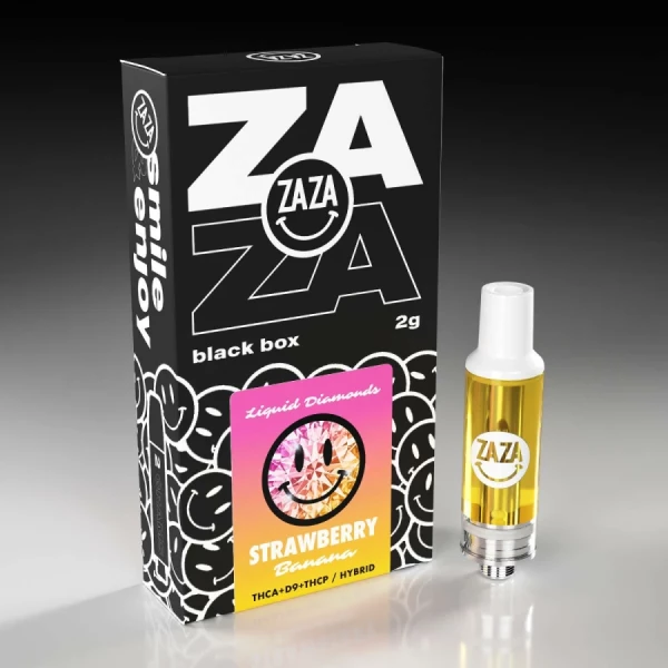A bottle of Zaza Black Box Liquid Diamonds Cartridges g strawberry e liquid next to a box