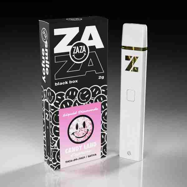 A white Zaza Black Box Liquid Diamonds Disposable Vapes g with a pink smiley face next to it