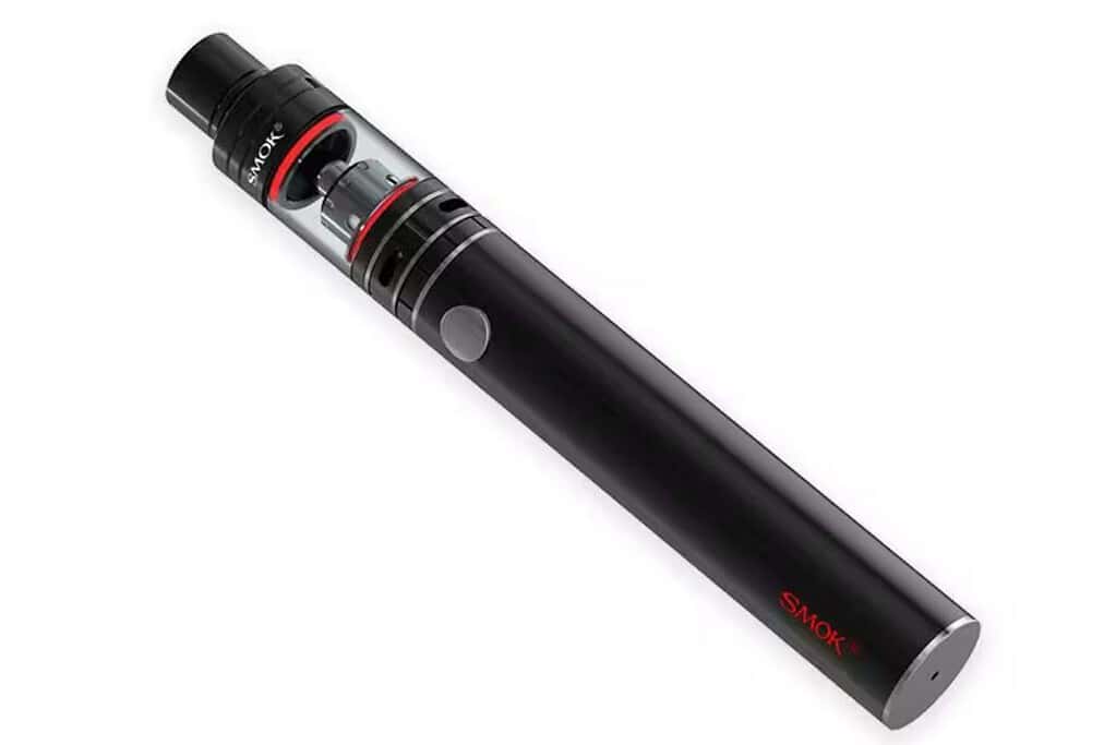 A black and red e cigarette, the smok stick one plus, showcased on a clean white background