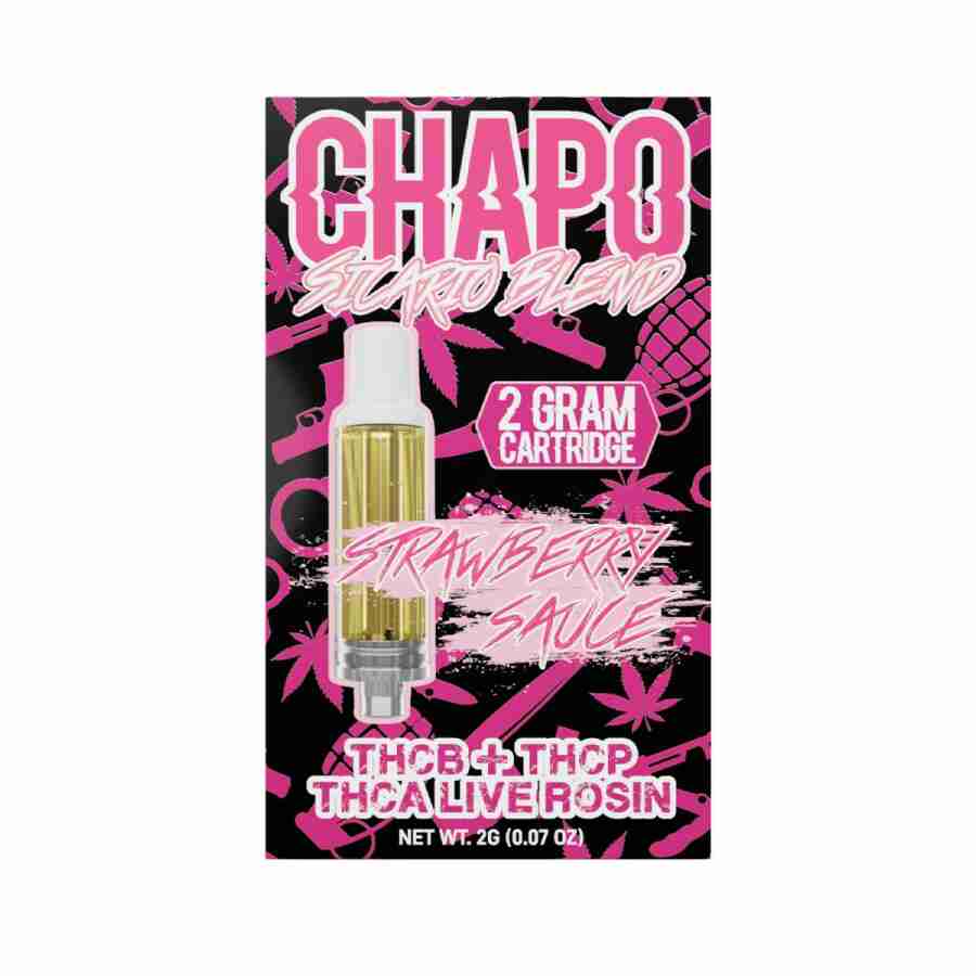 A bottle of chapo cbd vape juice with a pink background