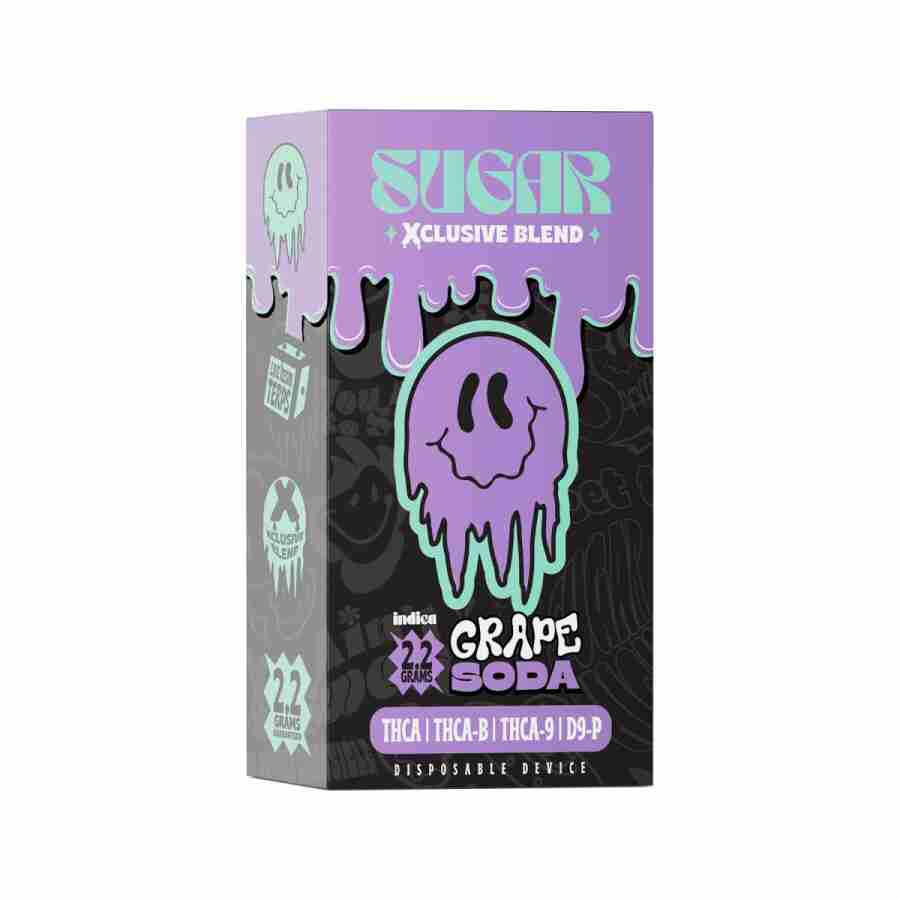 A box of trippy sugar xclusive blend disposable vapes g with a purple ghost on it