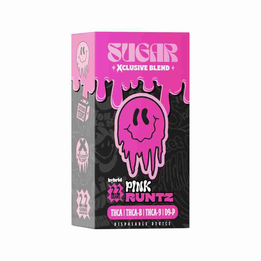 A pink trippy sugar xclusive blend disposable vapes g with a pink dripping liquid on it