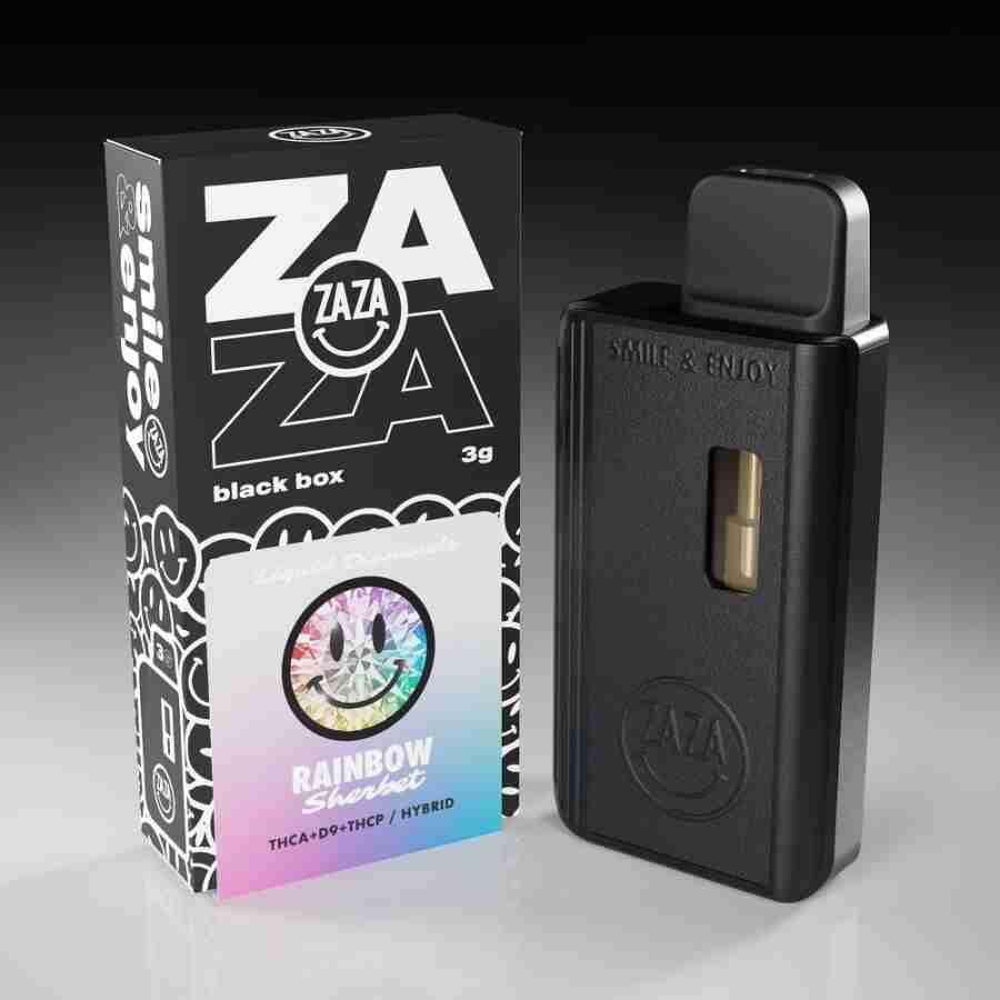 A zaza black box liquid diamonds disposable vapes g with a rainbow vape pod in front of it