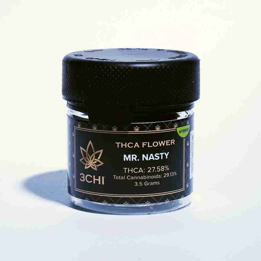 A bottle of chi thc a flower jars g with the words mr nasty on it