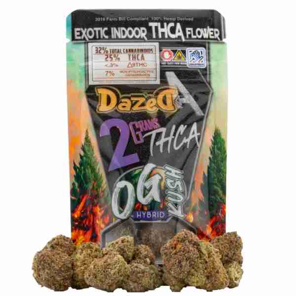 A bag of Dazed THC A Premium Indoor Flowers g in front of a fire