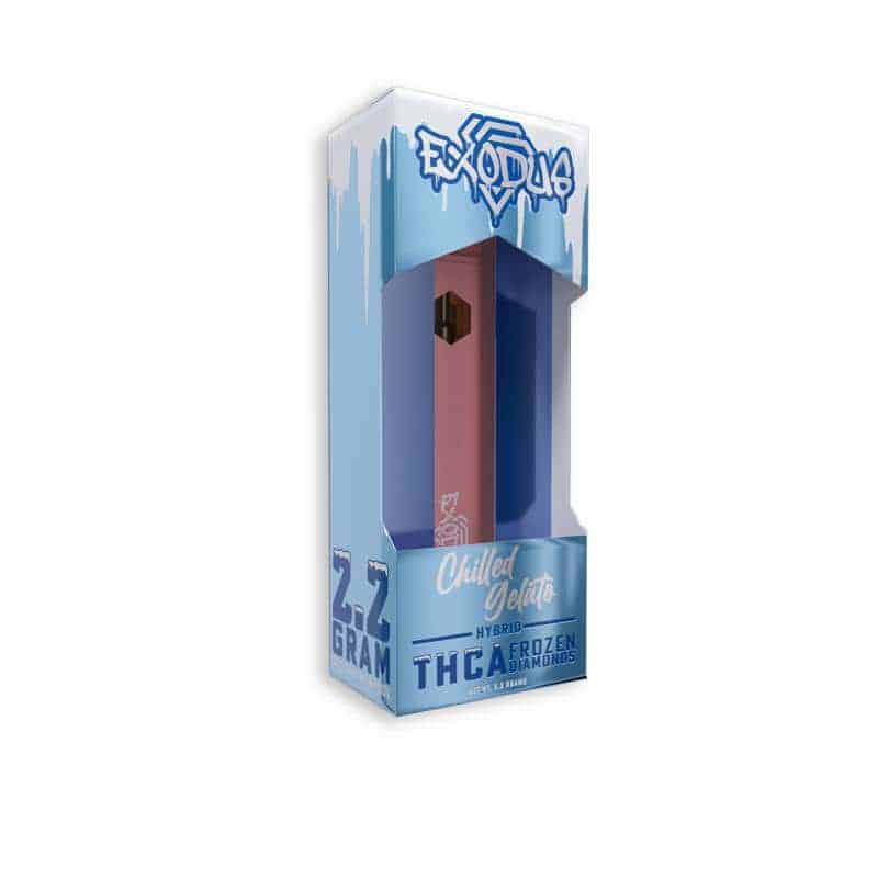 A pink box with an exodus frosted diamonds disposable vape g in it
