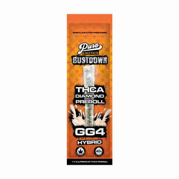 A package of Puro Exotics Bustdown THCA Pre Roll Single g's trga g g g g g