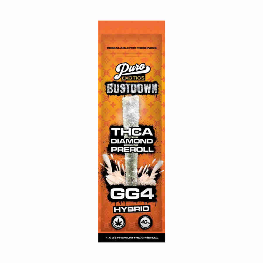 A package of puro exotics bustdown thca pre roll single g's trga g g g g g