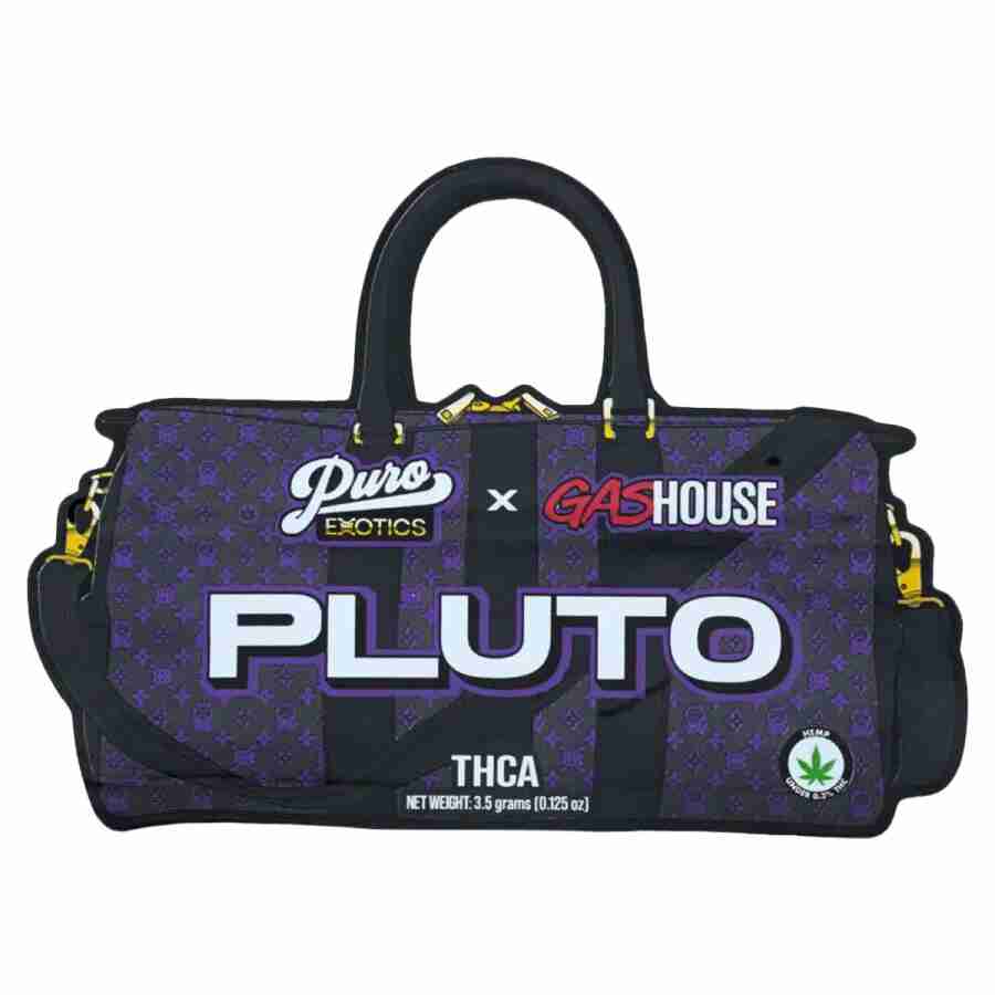 A purple puro exotics thc a flower g duffel bag with the word pluto on it
