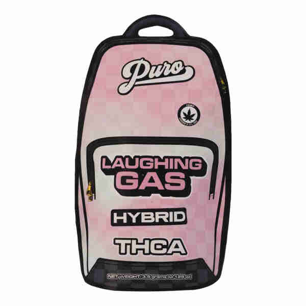 A pink backpack with the words laughing gas hybrid thca