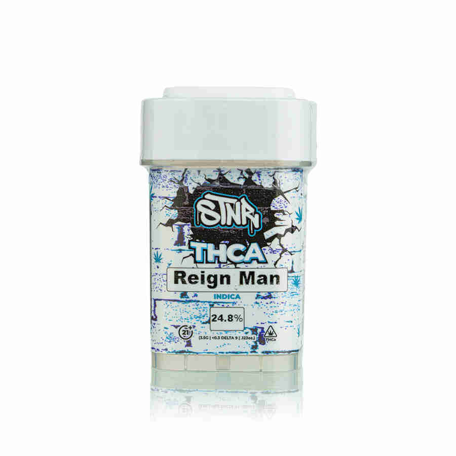 A can of reign man on a white surface