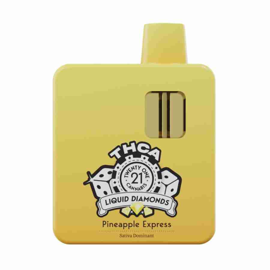 A yellow box with a twenty one thc a disposable vapes g logo on it