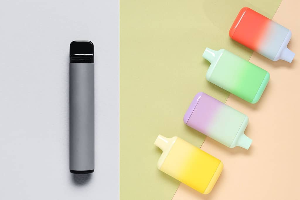 An e cigarette with different colored ice cubes on a colorful background