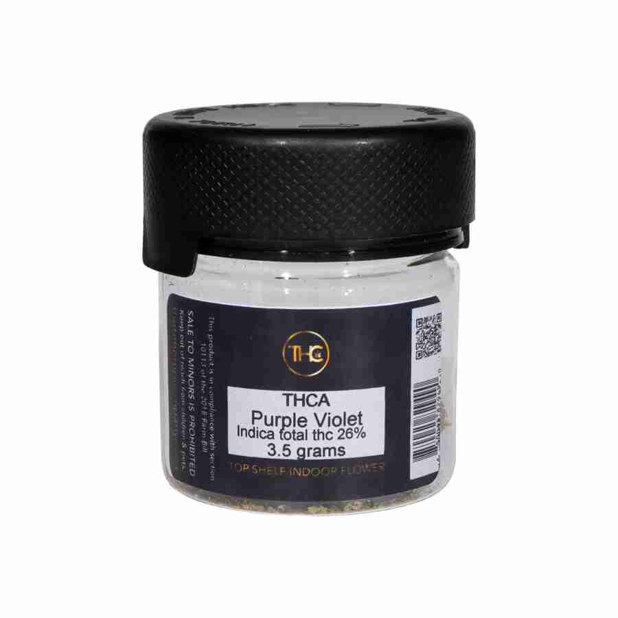 A small glass container with a black lid containing the tn hemp company premium thca indoor flower g