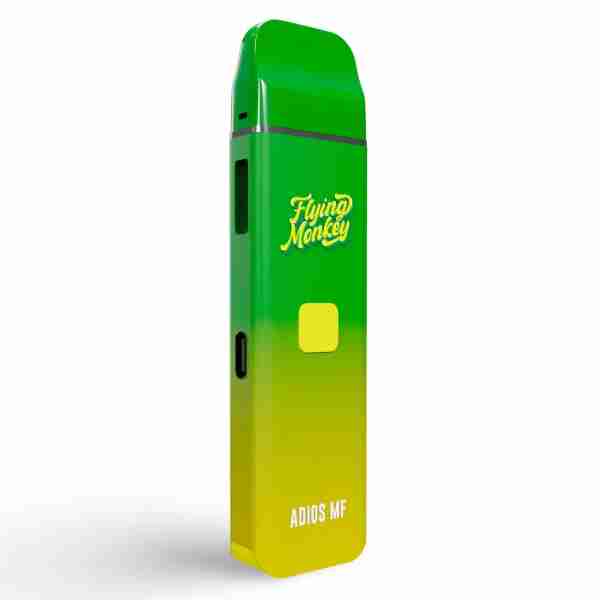 A green and yellow Flying Monkey THCA Disposable Vape g with a yellow and green design