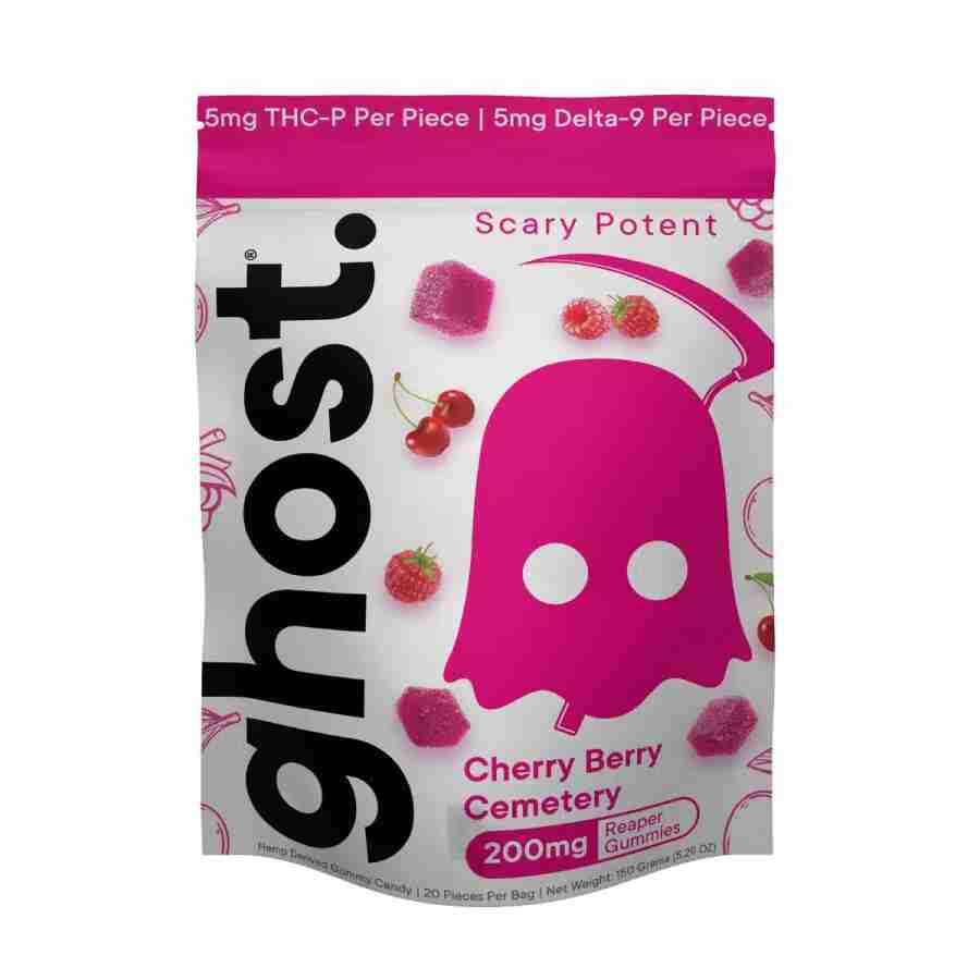 A white and pink ghost reaper gummies mg pc bag with a pink ghost design
