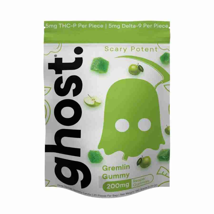 A white and green ghost reaper gummies mg pc bag with a green ghost and green text