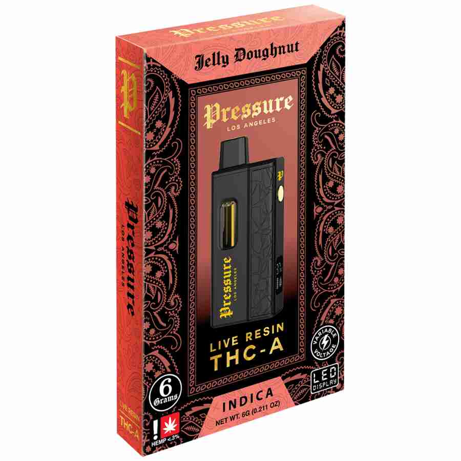 A box with a pressure live resin thc a disposables g vape pen in it