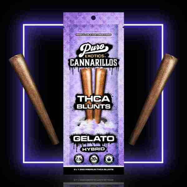A package of Puro Exotics Cannarillos THCA Pre Roll Blunts on a purple background