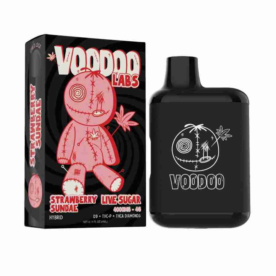 A bottle of vodoo cologne with a teddy bear next to it