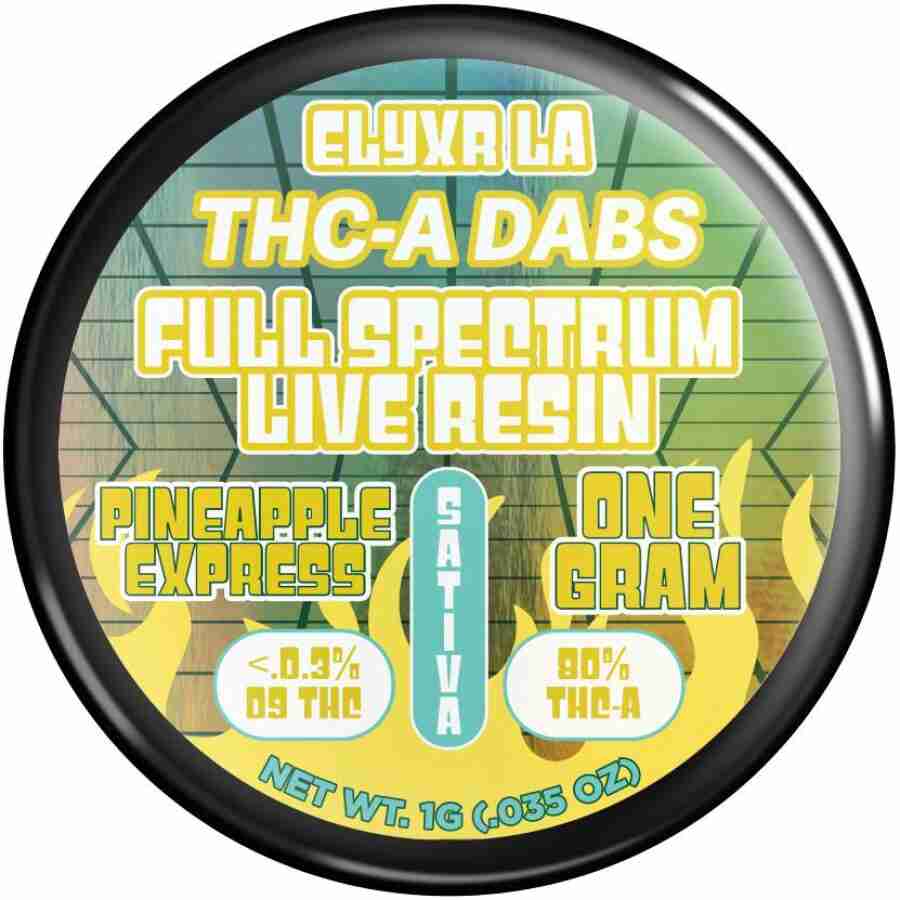 A round label with elyxr la thca full spectrum live badder dabs g on it