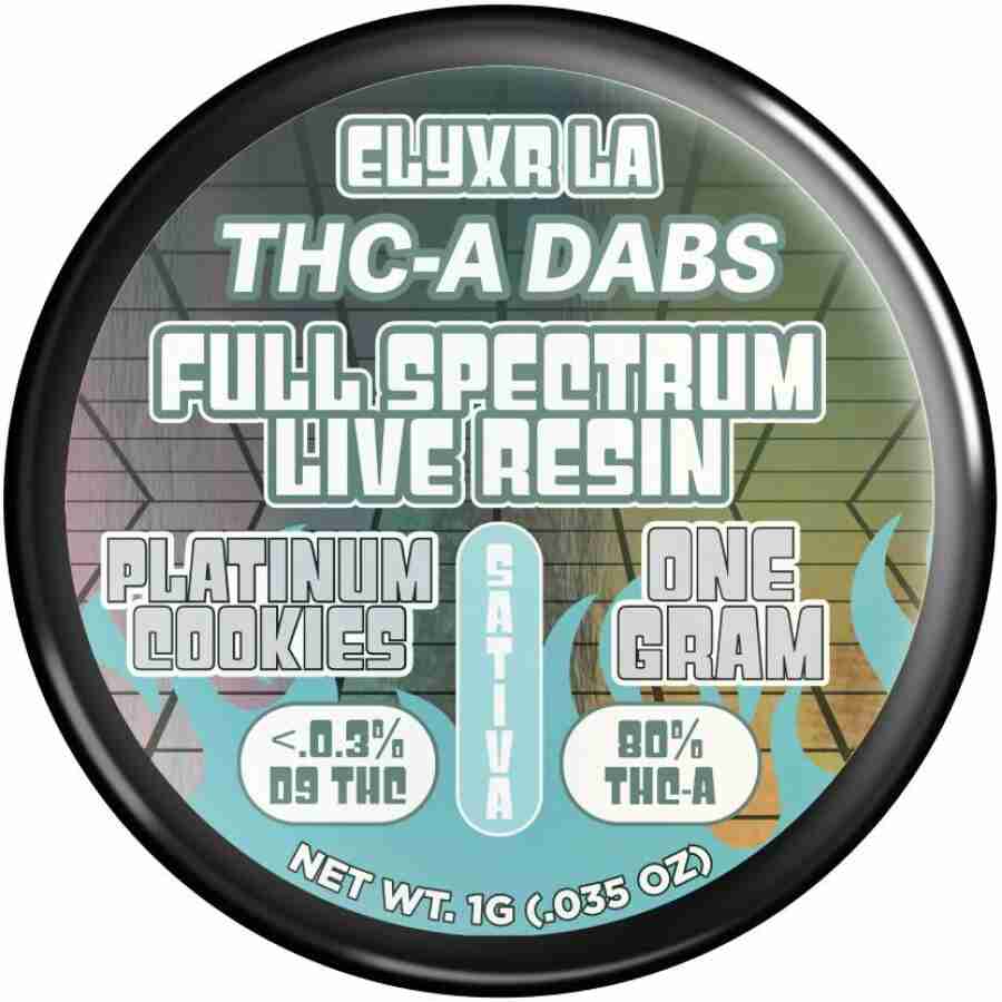 A round black container with white text containing the elyxr la thca full spectrum live badder dabs g