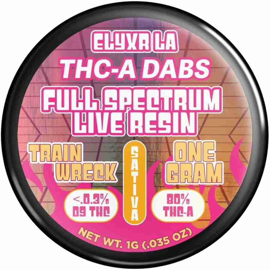 A round black container with white text (replace with product name: elyxr la thca full spectrum live badder dabs g) elyxr la thca full spectrum live badder dabs g: a round black container with white text