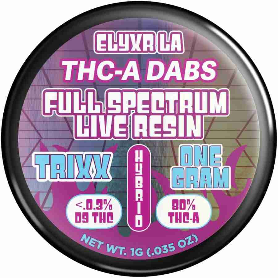 A round black container with white text containing elyxr la thca full spectrum live badder dabs g