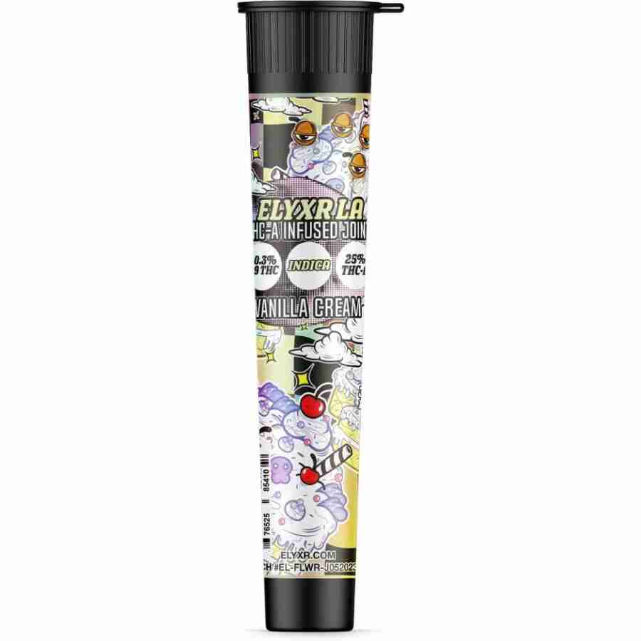 A tube of elyxr la thca infused joint g with a cartoon design on it