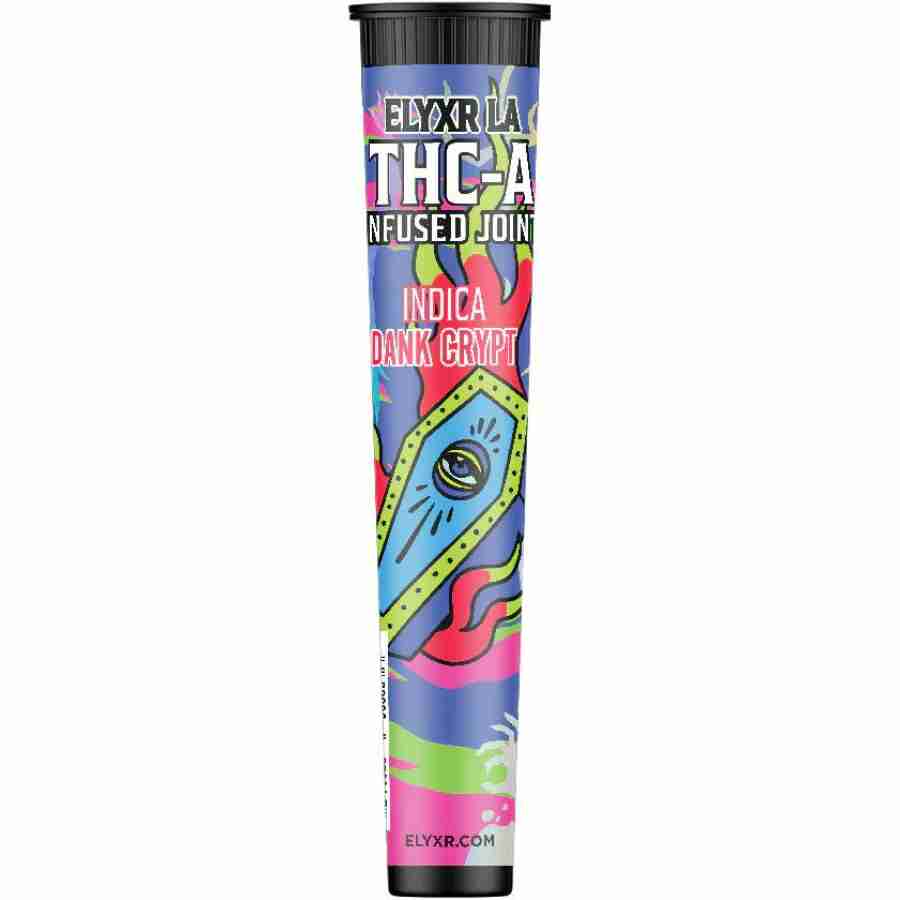A tube of elyxr la thca infused joint g with a colorful design on it
