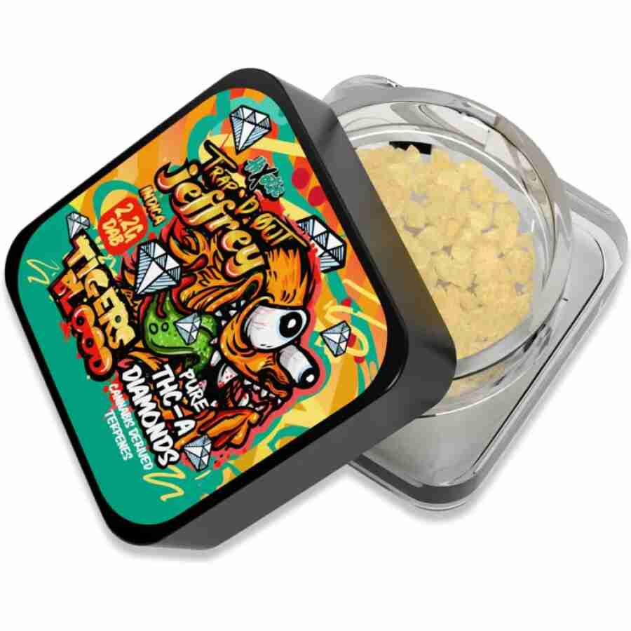 An open snus container with a colorful lid design featuring a stylized lion and vibrant graphics, showing the contents: small, dry tobacco portions