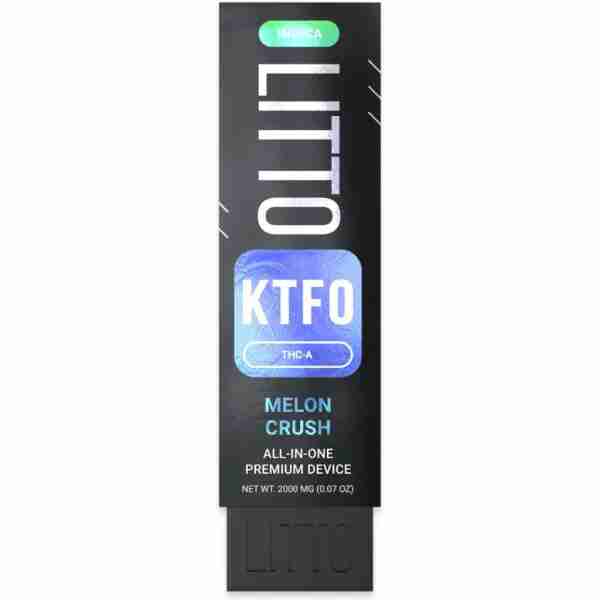 Vape pen packaging labeled "litto indica ktfo melon crush all in one premium device"