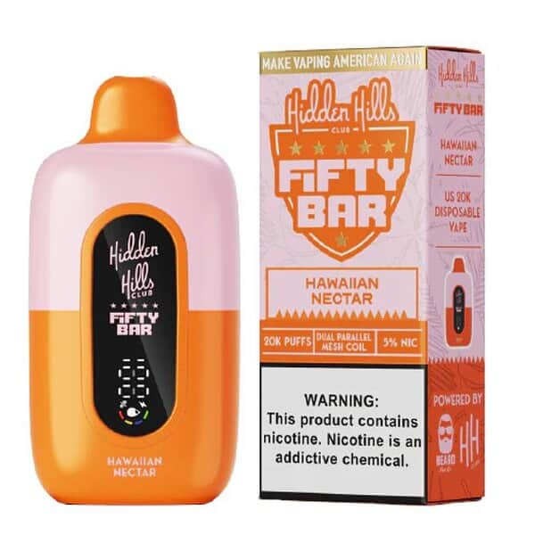 Image of a Hidden Hills Club Fifty Bar vape device and its packaging. The device is orange and white, labeled Hawaiian Nectar. The box includes product details and a nicotine warning, with colorful branding and design elements.