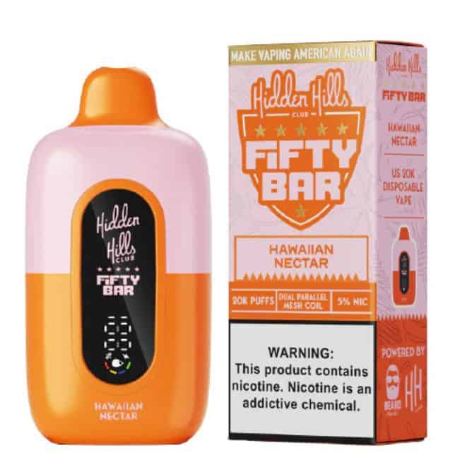 Image of a Hidden Hills Club Fifty Bar vape device and its packaging. The device is orange and white, labeled Hawaiian Nectar. The box includes product details and a nicotine warning, with colorful branding and design elements.