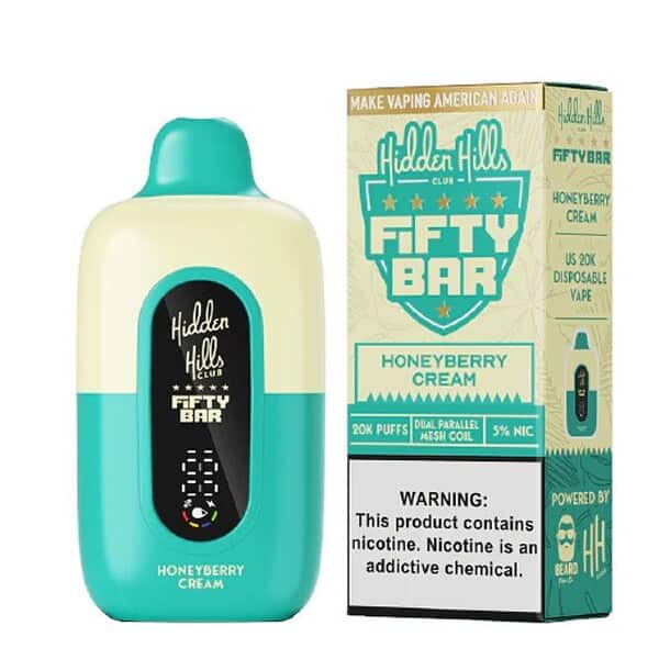 A disposable vape device in a teal and cream color scheme labeled Honeyberry Cream is shown alongside its matching box. The box and device display the Hidden Hills logo. A nicotine warning is also present on the packaging.
